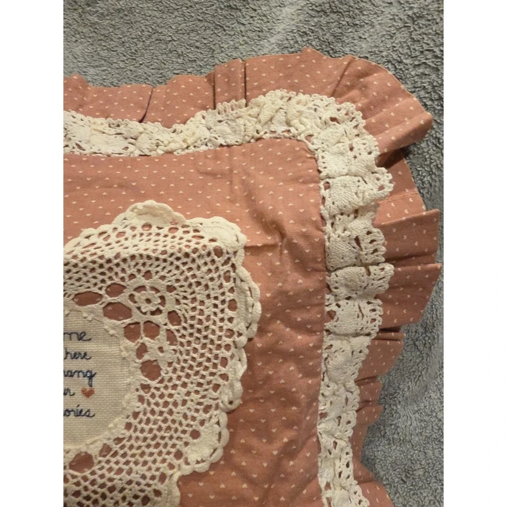Square Pink Hearts Ruffled Pillow Case 16x16 Lace And Cross Stich Cottagecore